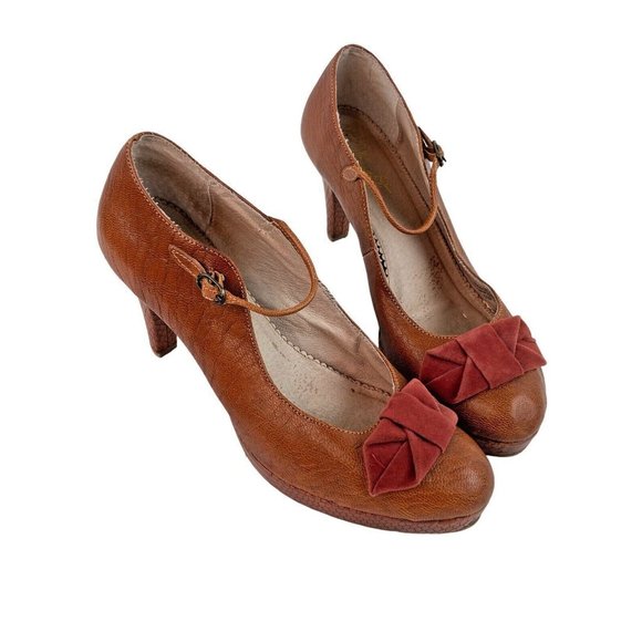 *Vintage Miss Albright Mary Jane Heels Womens 10 Brown Rockabilly Velvet Bow - Picture 2 of 16
